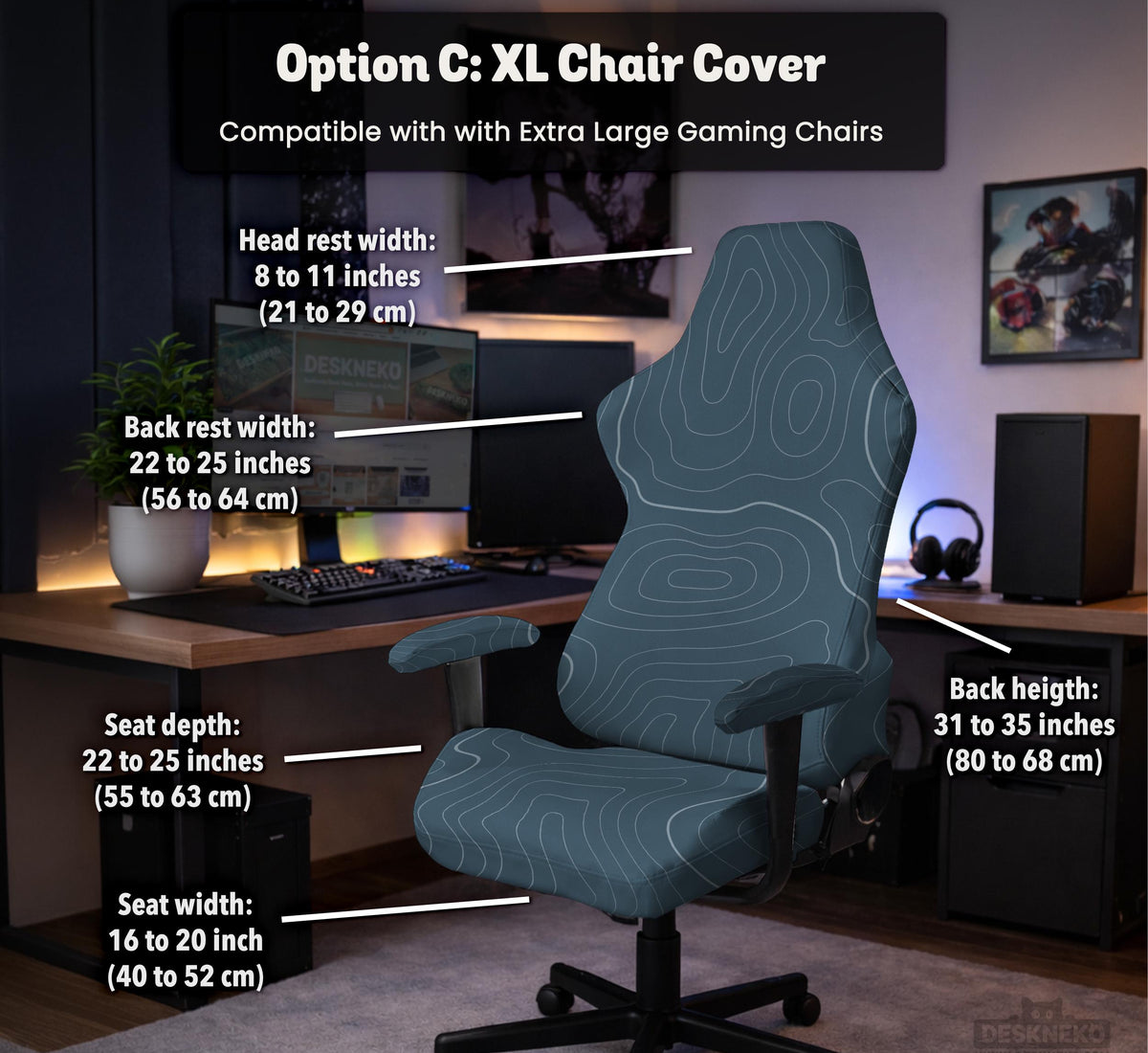 Slate gray chair cover with a blue gray topographic line pattern shown on a high back gaming chair.