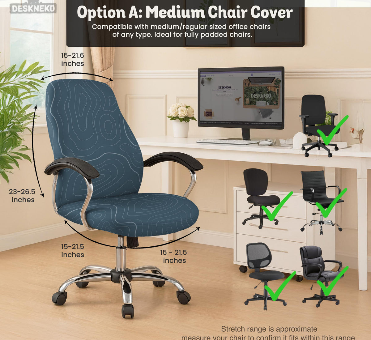 Slate gray chair cover with a blue gray topographic line pattern shown on a high back gaming chair.