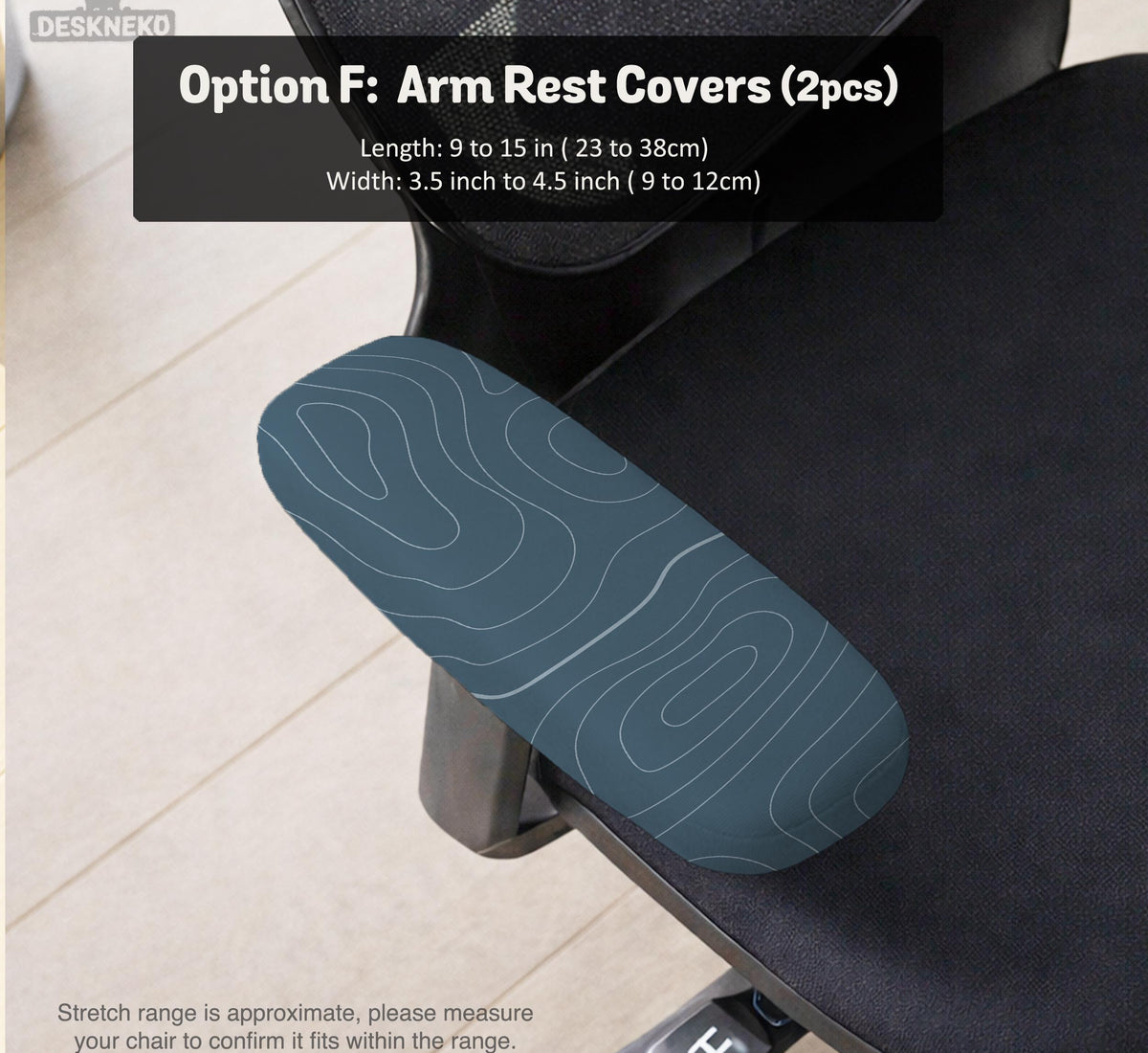 Slate gray chair cover with a blue gray topographic line pattern shown on a high back gaming chair.