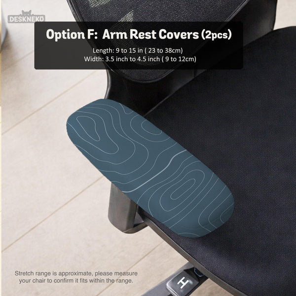 Slate gray chair cover with a blue gray topographic line pattern shown on a high back gaming chair.
