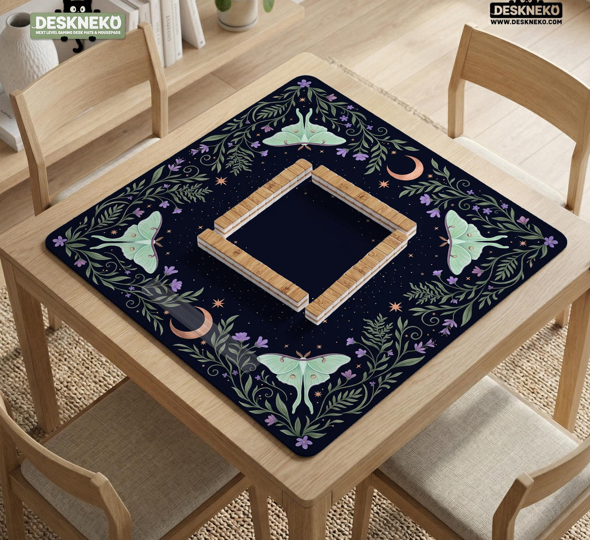 Navy square mahjong mat with a floral border, copper moons, scattered stars, pale moths, and leafy botanical details.