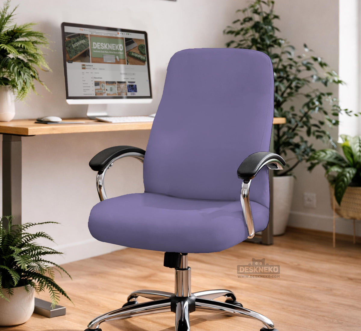 Purple chair cover options shown for gaming chairs and office chairs, including full chair covers, back-and-seat covers, seat-only covers, and armrest-only covers.