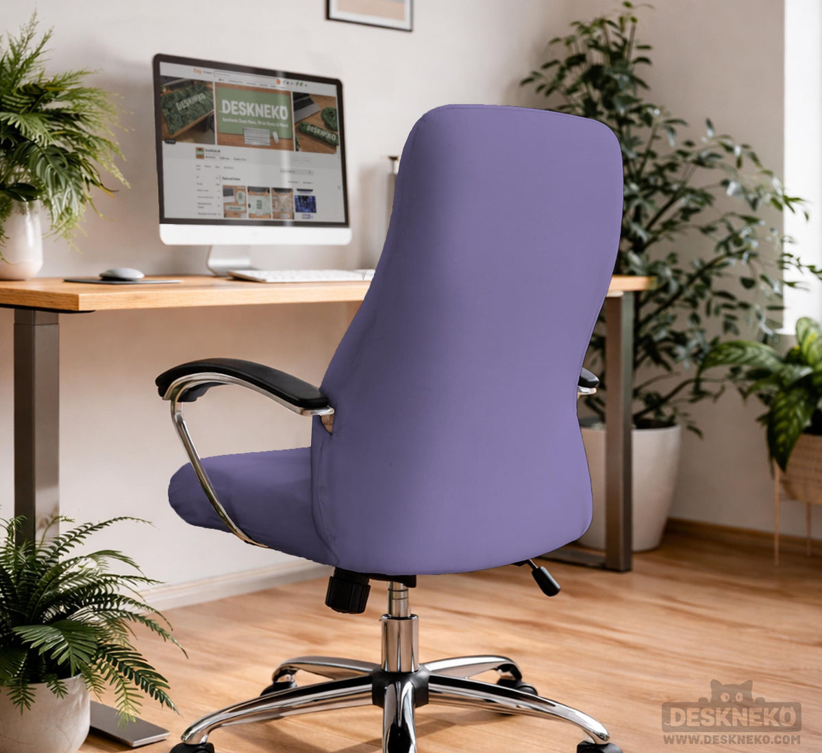 Purple chair cover options shown for gaming chairs and office chairs, including full chair covers, back-and-seat covers, seat-only covers, and armrest-only covers.