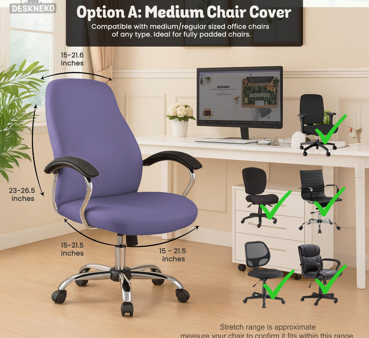 Purple chair cover options shown for gaming chairs and office chairs, including full chair covers, back-and-seat covers, seat-only covers, and armrest-only covers.