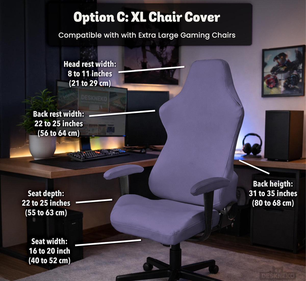 Purple chair cover options shown for gaming chairs and office chairs, including full chair covers, back-and-seat covers, seat-only covers, and armrest-only covers.