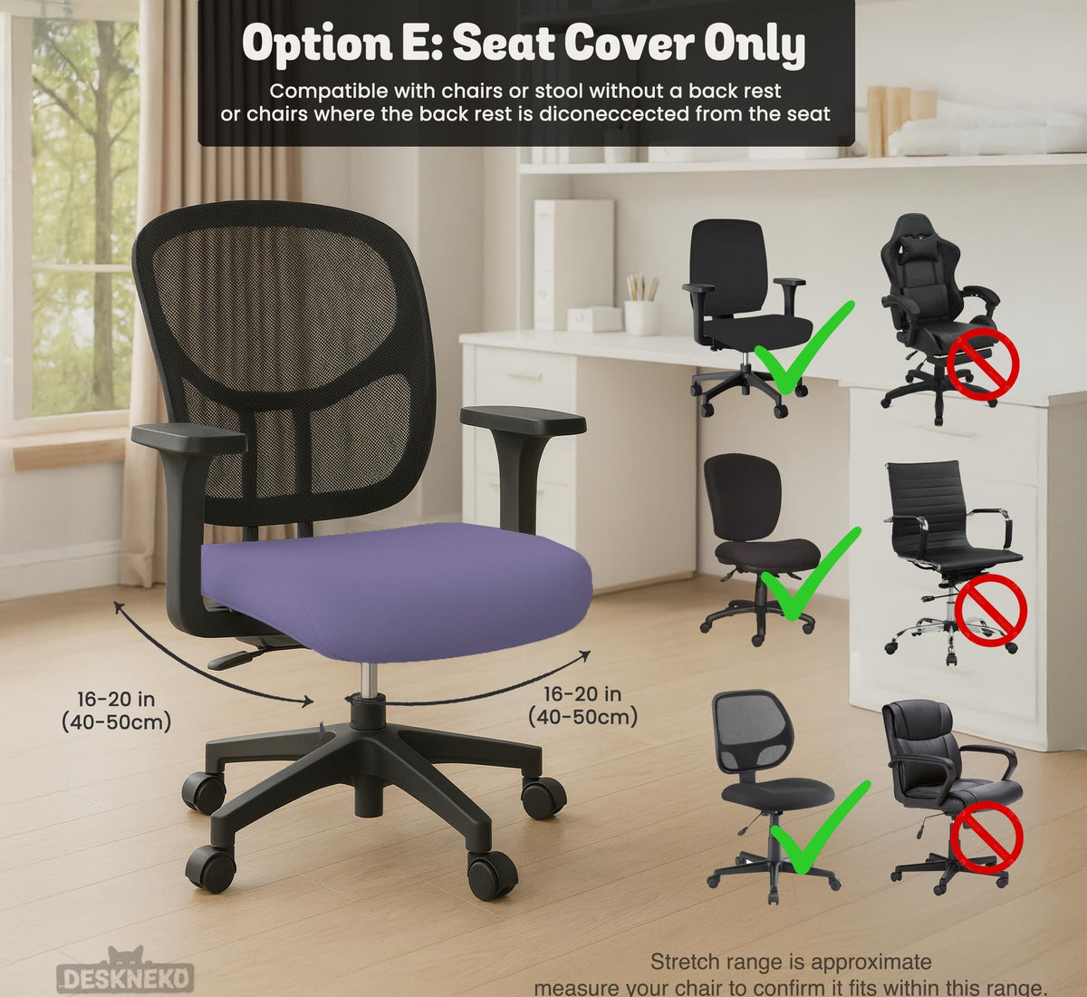 Purple chair cover options shown for gaming chairs and office chairs, including full chair covers, back-and-seat covers, seat-only covers, and armrest-only covers.