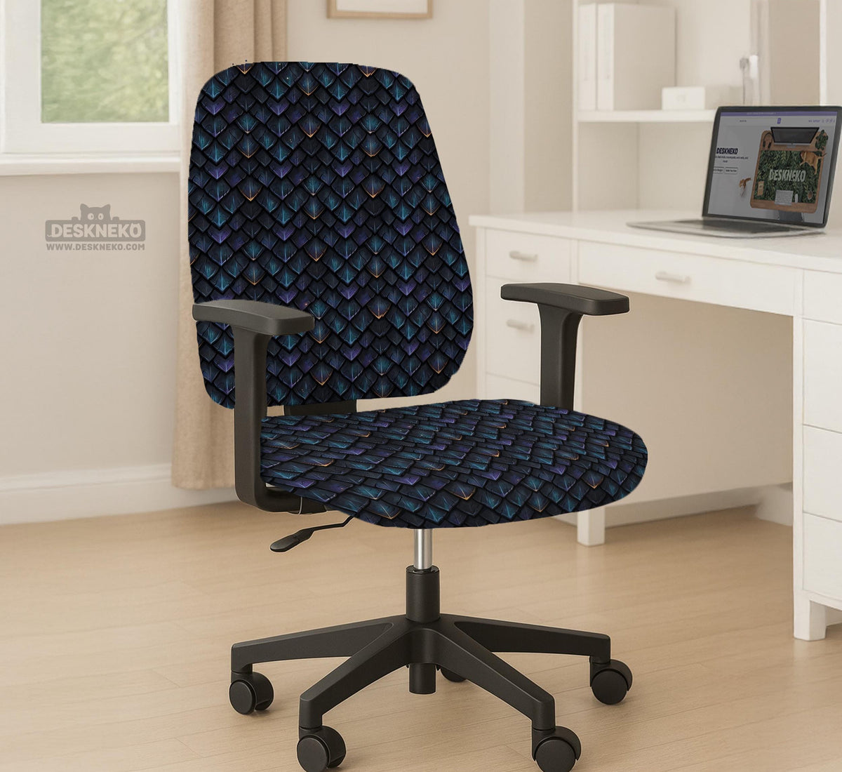An indigo desk chair cover with a dragon scale pattern in blue, navy, purple, and copper tones, shown as a stretch slipcover with coverage options.