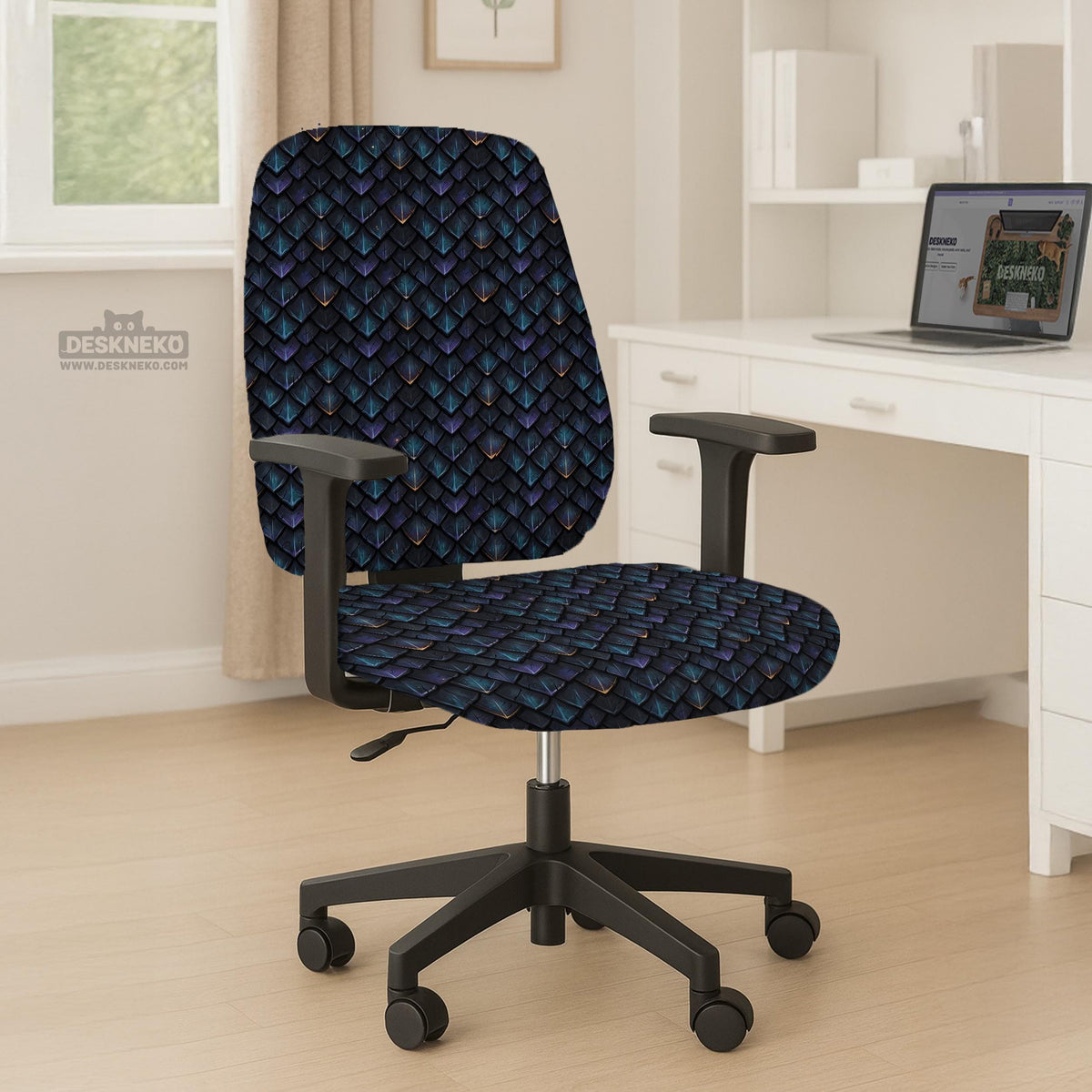 An indigo desk chair cover with a dragon scale pattern in blue, navy, purple, and copper tones, shown as a stretch slipcover with coverage options.