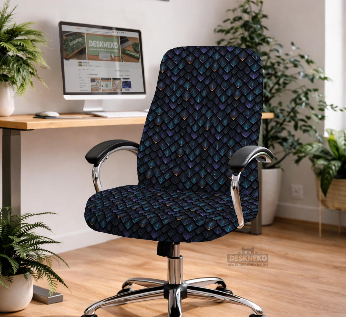 An indigo desk chair cover with a dragon scale pattern in blue, navy, purple, and copper tones, shown as a stretch slipcover with coverage options.
