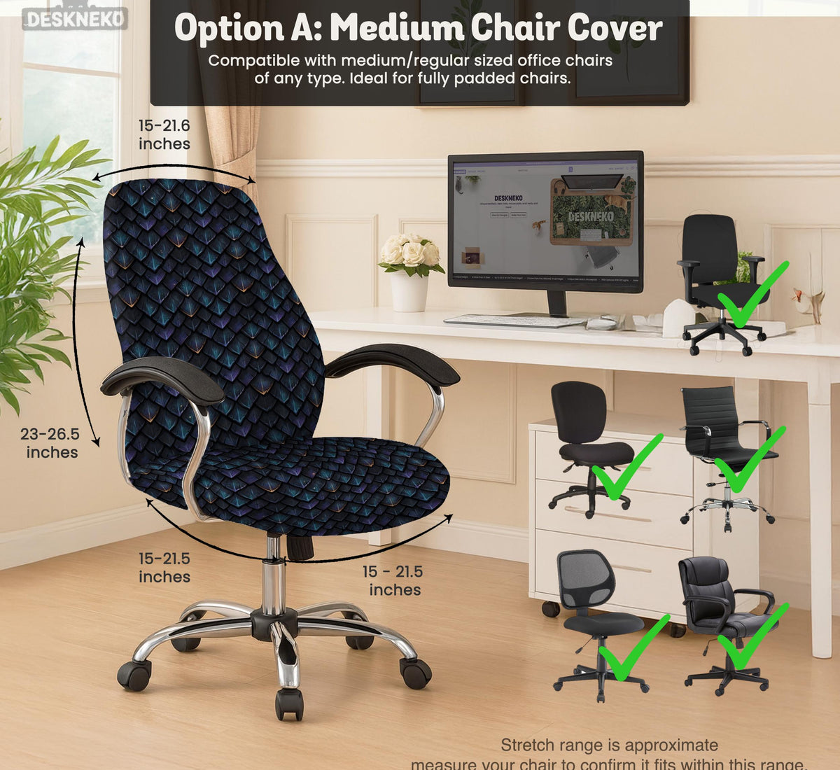 An indigo desk chair cover with a dragon scale pattern in blue, navy, purple, and copper tones, shown as a stretch slipcover with coverage options.