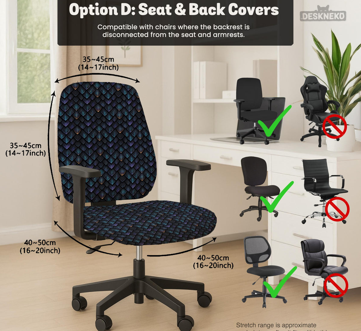 An indigo desk chair cover with a dragon scale pattern in blue, navy, purple, and copper tones, shown as a stretch slipcover with coverage options.