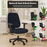 An indigo desk chair cover with a dragon scale pattern in blue, navy, purple, and copper tones, shown as a stretch slipcover with coverage options.