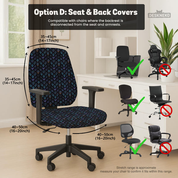 An indigo desk chair cover with a dragon scale pattern in blue, navy, purple, and copper tones, shown as a stretch slipcover with coverage options.