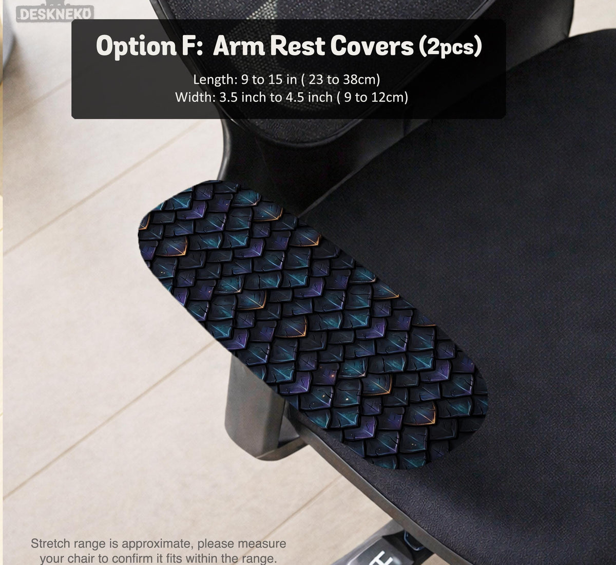 An indigo desk chair cover with a dragon scale pattern in blue, navy, purple, and copper tones, shown as a stretch slipcover with coverage options.