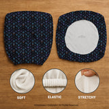 An indigo desk chair cover with a dragon scale pattern in blue, navy, purple, and copper tones, shown as a stretch slipcover with coverage options.