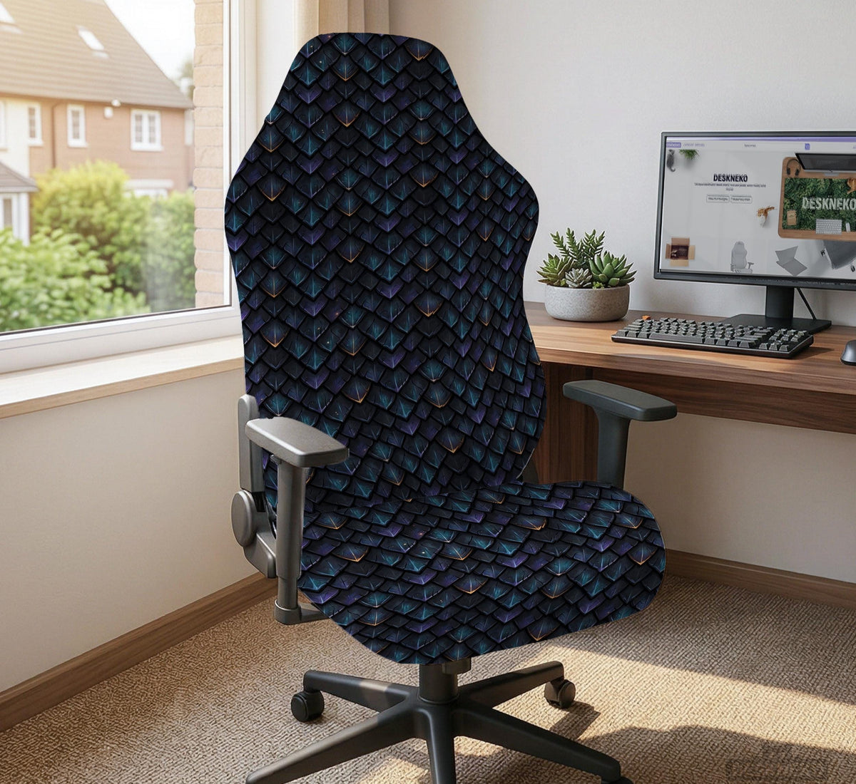 An indigo desk chair cover with a dragon scale pattern in blue, navy, purple, and copper tones, shown as a stretch slipcover with coverage options.