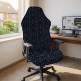 An indigo desk chair cover with a dragon scale pattern in blue, navy, purple, and copper tones, shown as a stretch slipcover with coverage options.