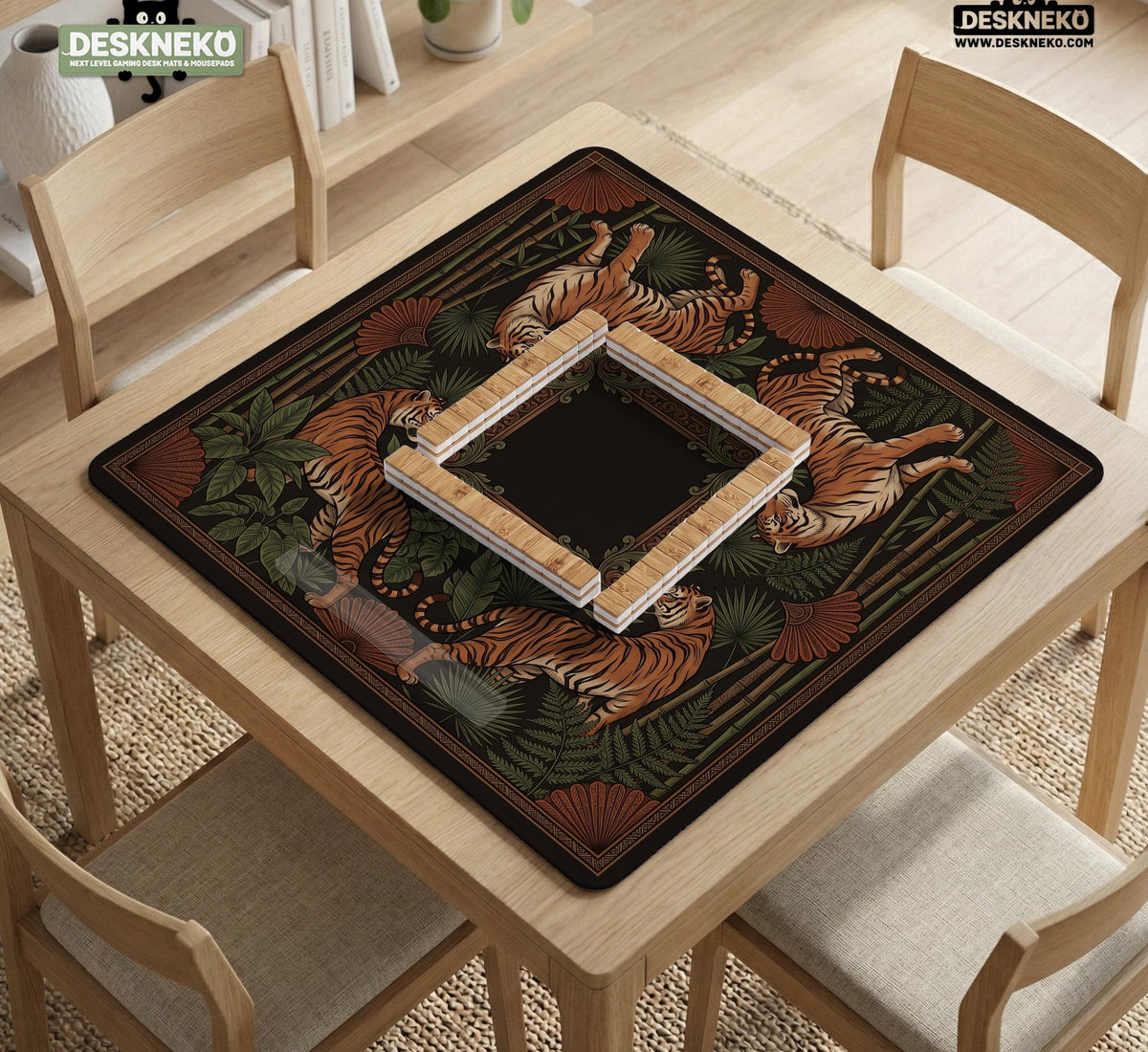 Black square mahjong mat with mirrored tiger faces, bamboo, dark tropical leaves, ornate border details, and orange accents.