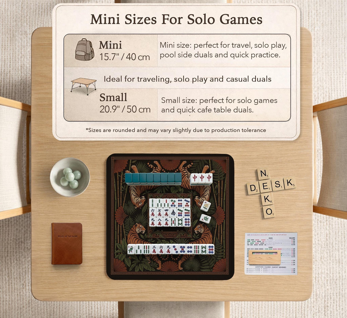 Black square mahjong mat with mirrored tiger faces, bamboo, dark tropical leaves, ornate border details, and orange accents.
