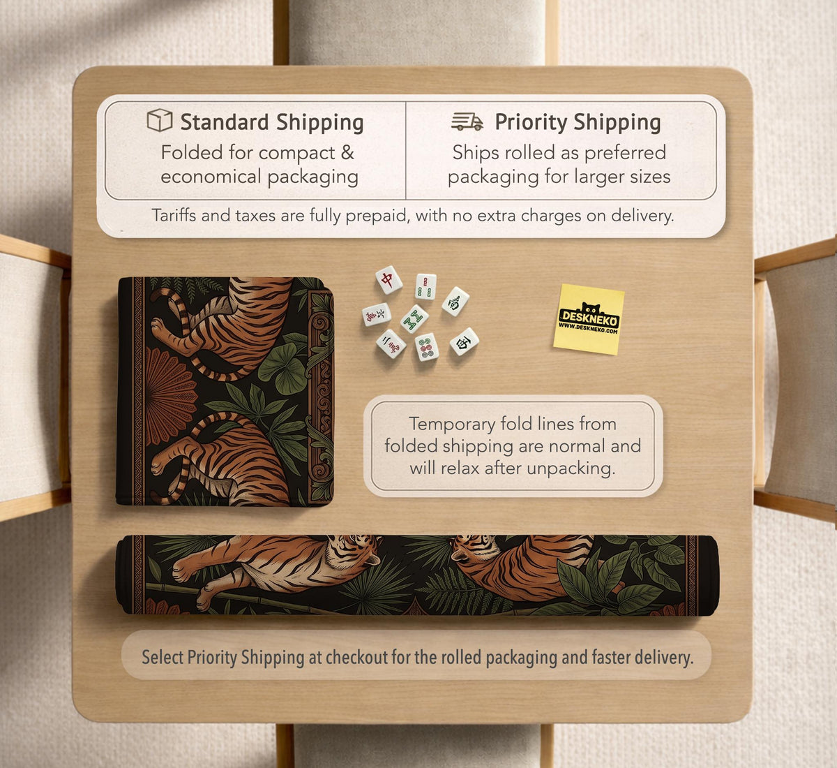 Black square mahjong mat with mirrored tiger faces, bamboo, dark tropical leaves, ornate border details, and orange accents.