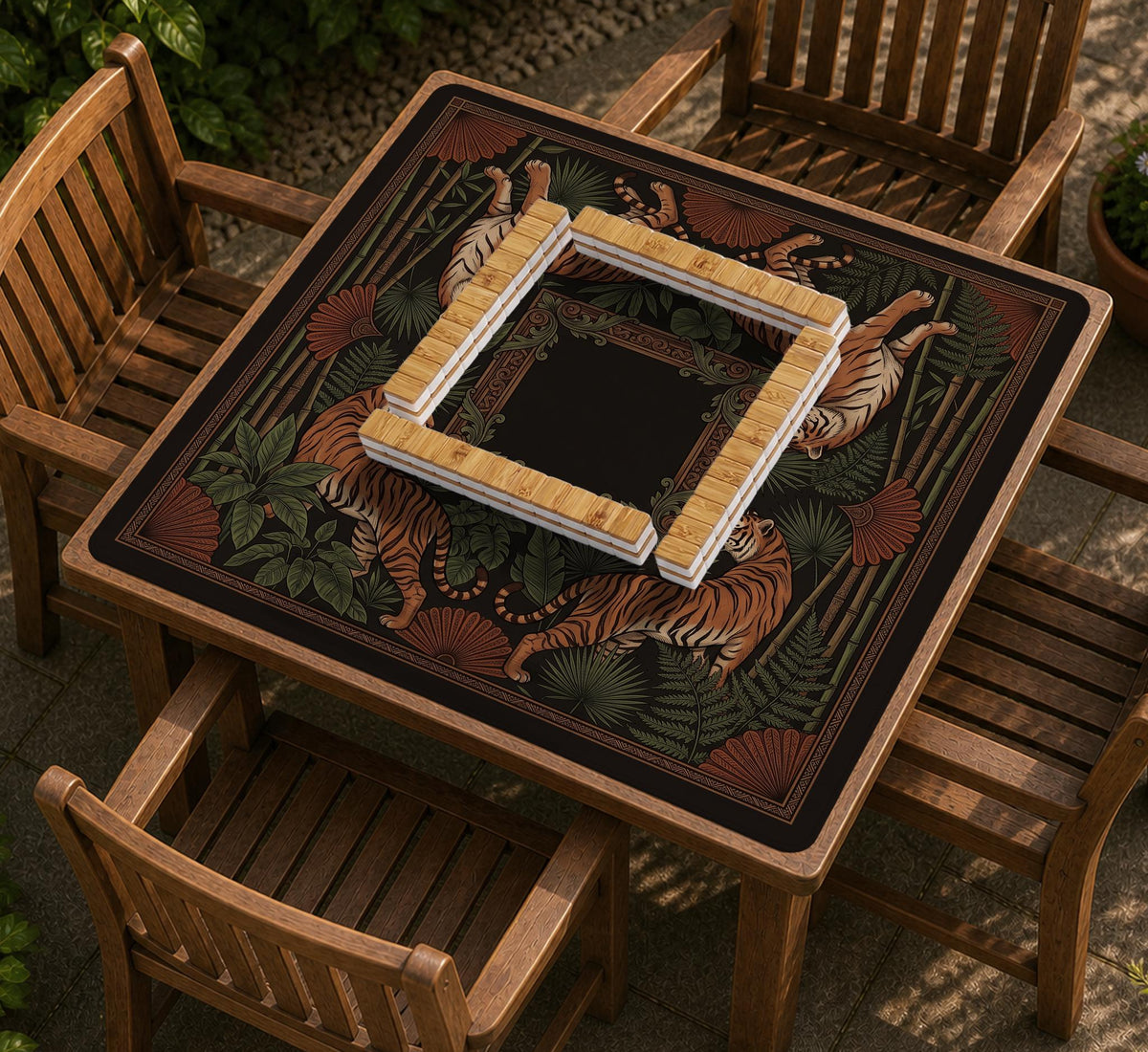 Black square mahjong mat with mirrored tiger faces, bamboo, dark tropical leaves, ornate border details, and orange accents.