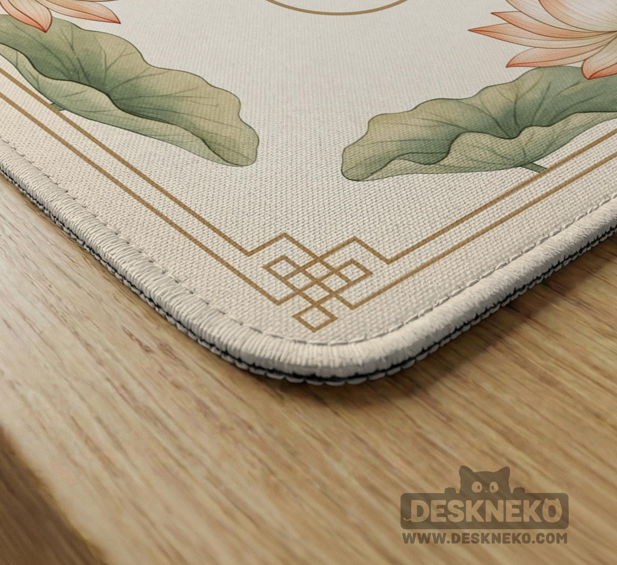 Ivory square mahjong mat with watercolor koi fish, lotus flowers, peach blossoms, sage leaves, and a thin gold border.