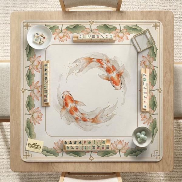 Ivory square mahjong mat with watercolor koi fish, lotus flowers, peach blossoms, sage leaves, and a thin gold border.