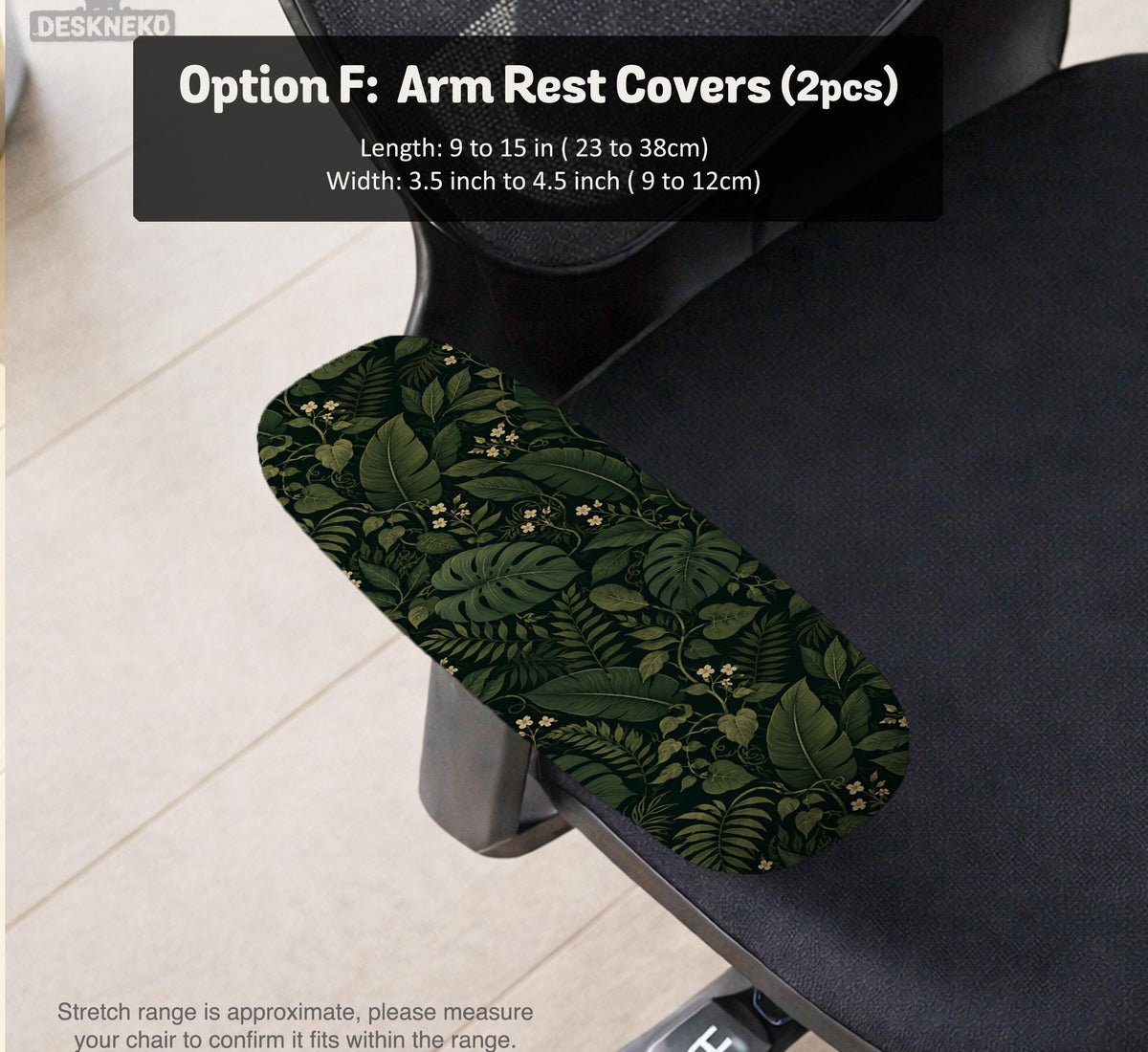 Forest green chair cover with a tropical leaf pattern featuring monstera leaves and small cream flowers.