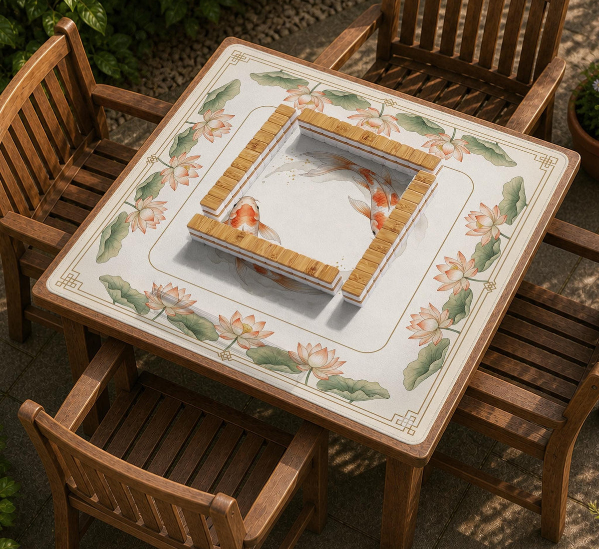 Ivory square mahjong mat with watercolor koi fish, lotus flowers, peach blossoms, sage leaves, and a thin gold border.