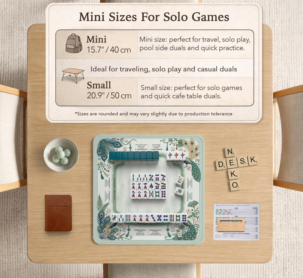 Teal square mahjong mat with peacock feathers, soft floral pattern, tassel details, and printed rule guide text in the center.