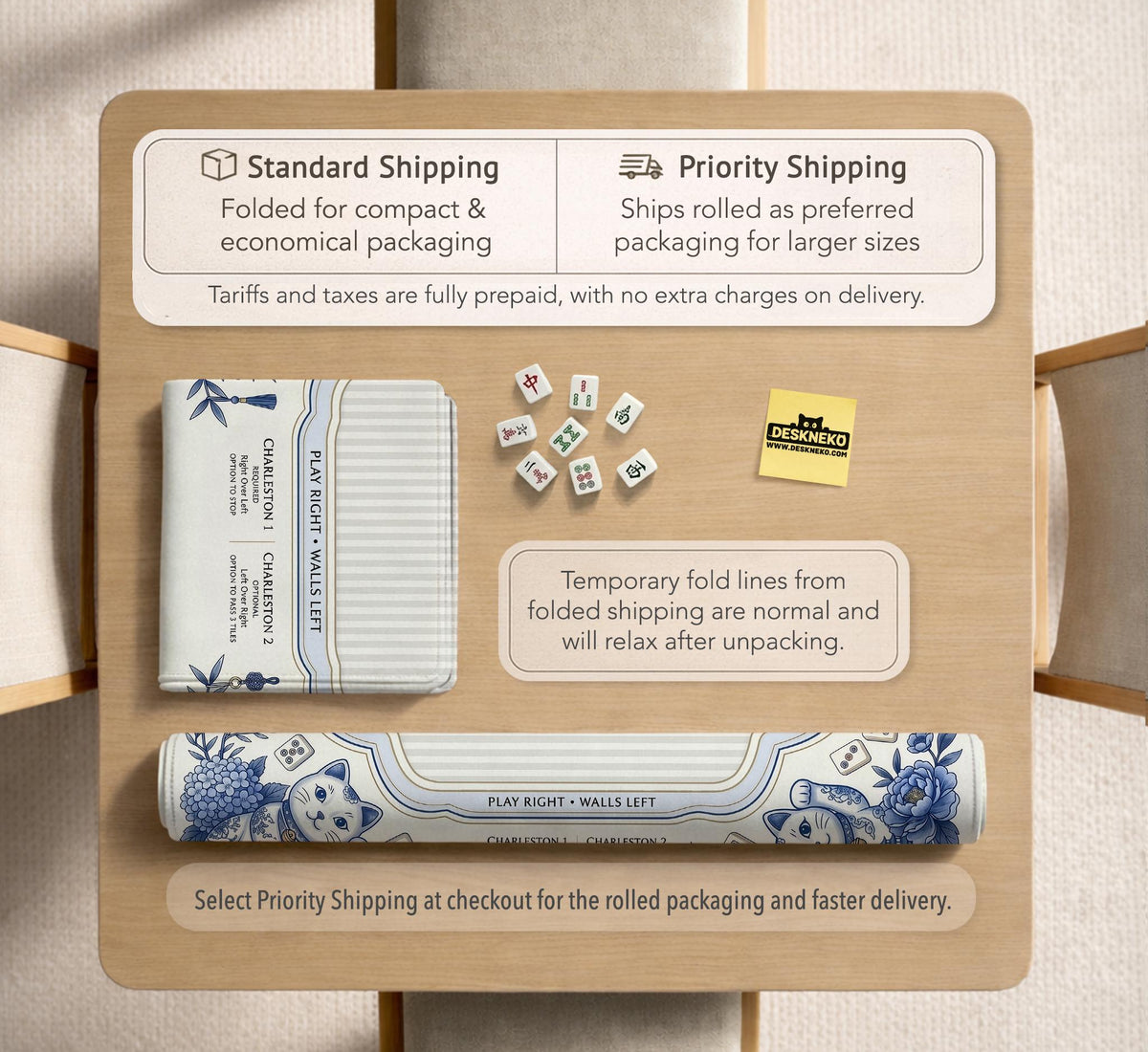 Blue and white square mahjong mat with lucky cat artwork, floral chinoiserie pattern, tile icons, and a rule guide layout.