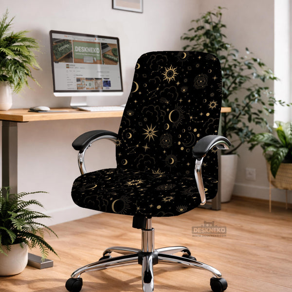 Black chair cover with a gold astrology print of moons, suns, stars, and symbols on a gaming chair.