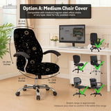 Black chair cover with gold moons, suns, stars, constellations, and line art printed across the fabric.