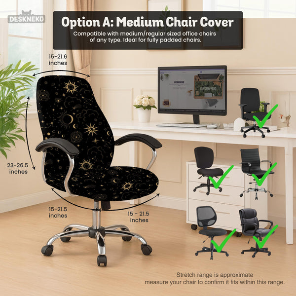 Black chair cover with a gold astrology print of moons, suns, stars, and symbols on a gaming chair.