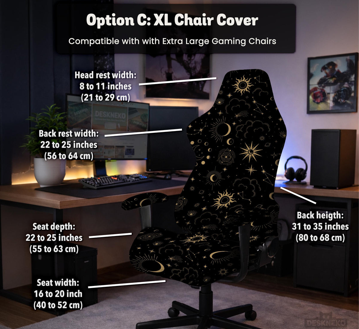 Black chair cover with gold moons, suns, stars, constellations, and line art printed across the fabric.