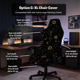 Black chair cover with a gold astrology print of moons, suns, stars, and symbols on a gaming chair.