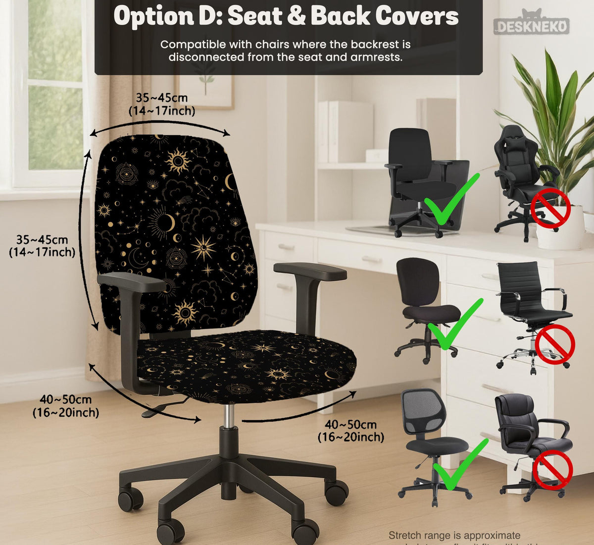 Black chair cover with gold moons, suns, stars, constellations, and line art printed across the fabric.
