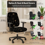 Black chair cover with gold moons, suns, stars, constellations, and line art printed across the fabric.