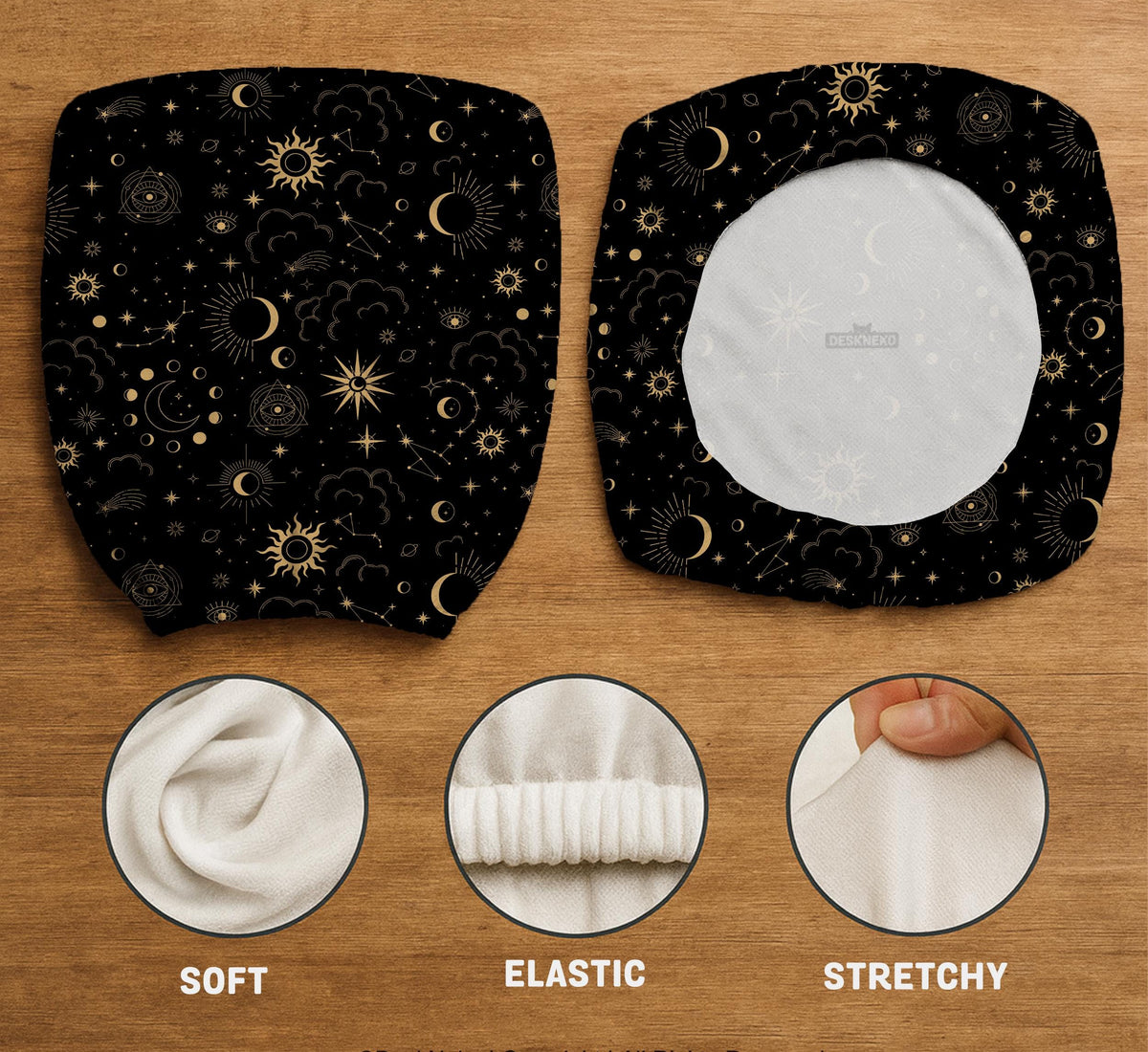 Black chair cover with gold moons, suns, stars, constellations, and line art printed across the fabric.