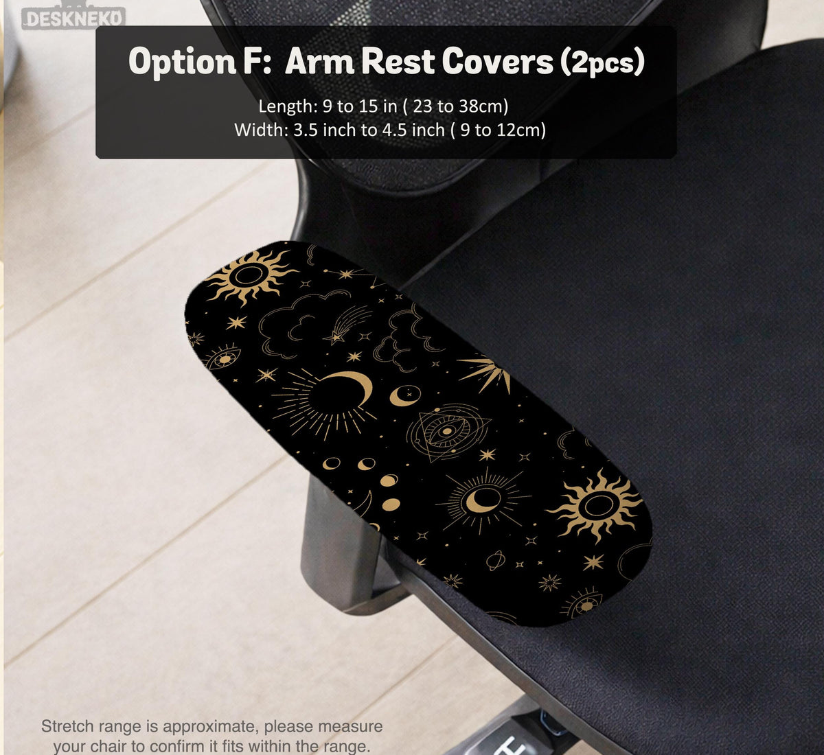 Black chair cover with gold moons, suns, stars, constellations, and line art printed across the fabric.