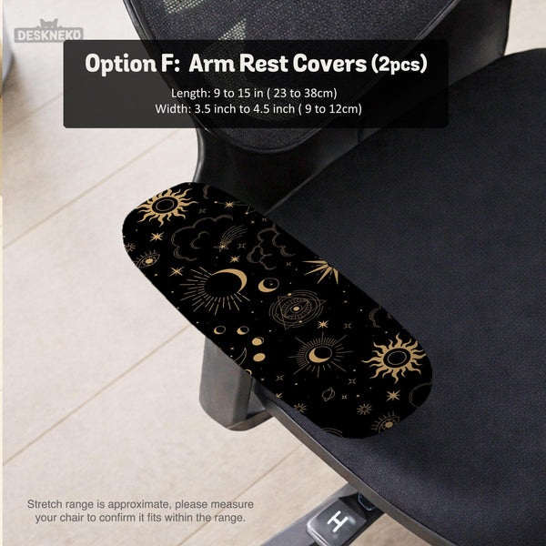 Black chair cover with gold moons, suns, stars, constellations, and line art printed across the fabric.