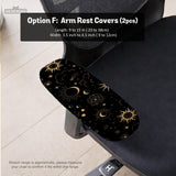 Black chair cover with a gold astrology print of moons, suns, stars, and symbols on a gaming chair.