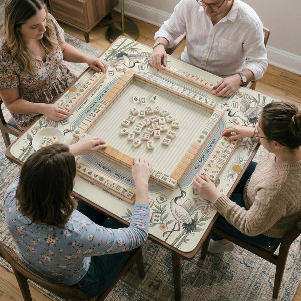 Beige square mahjong mat with a sage border, crane birds, bamboo, flowers, tile icons, and printed rules around a clean center play area.
