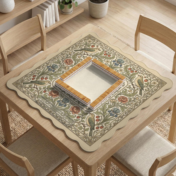 Square mahjong table mat with vintage bird artwork, floral border detail, and sage green, cream, muted blue, and terracotta tones.