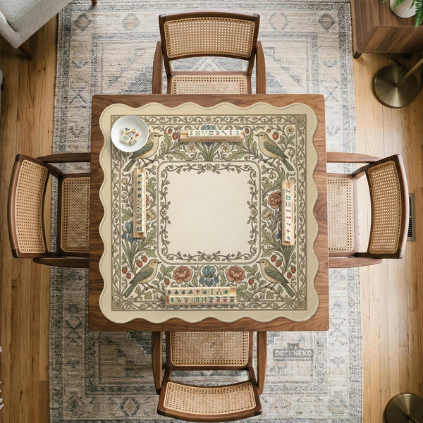 Square mahjong table mat with vintage bird artwork, floral border detail, and sage green, cream, muted blue, and terracotta tones.