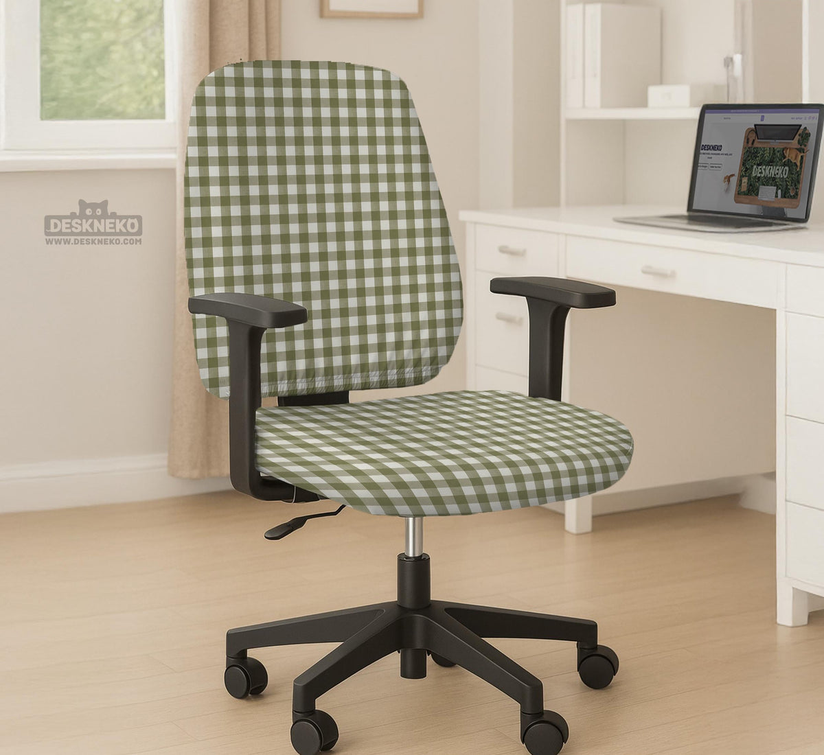 Olive green and white check desk chair cover shown on a chair, with stretch fabric, armrest cover options, and multiple fit choices listed.