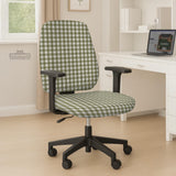 Olive green and white check desk chair cover shown on a chair, with stretch fabric, armrest cover options, and multiple fit choices listed.