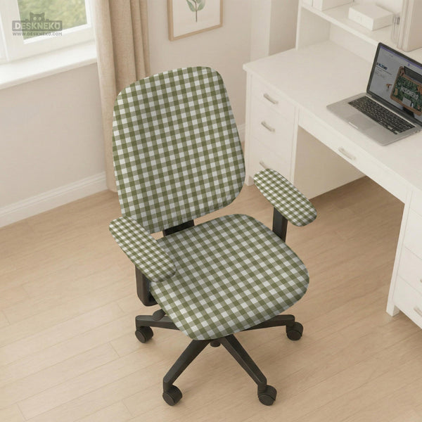 Olive green and white check desk chair cover shown on a chair, with stretch fabric, armrest cover options, and multiple fit choices listed.