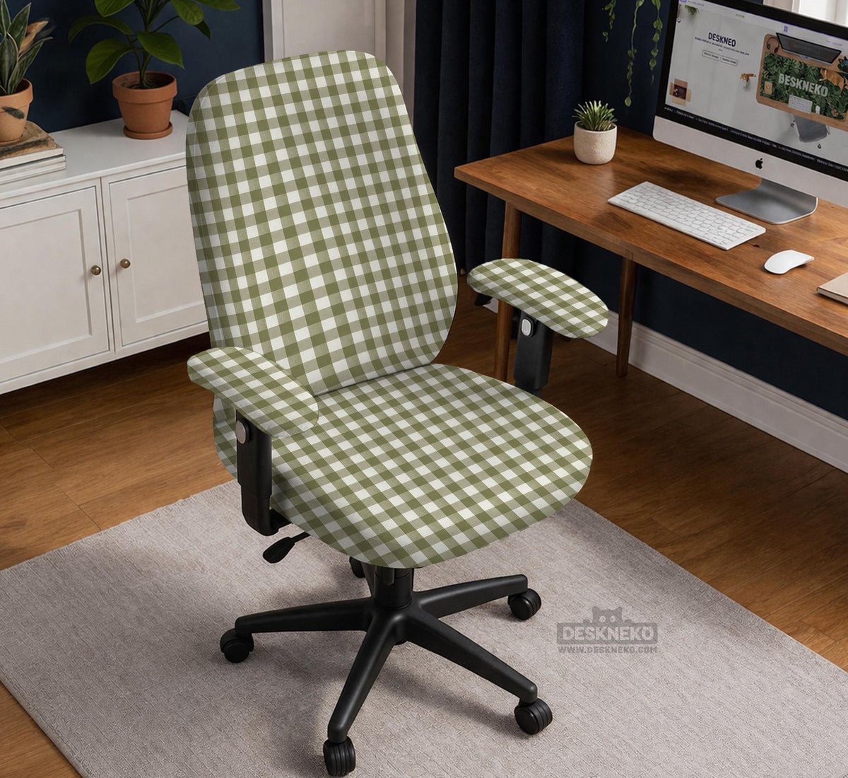 Olive green and white check desk chair cover shown on a chair, with stretch fabric, armrest cover options, and multiple fit choices listed.