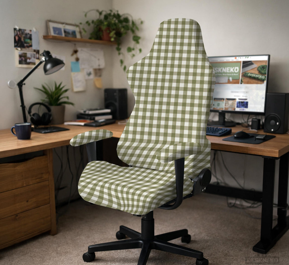 Olive green and white check desk chair cover shown on a chair, with stretch fabric, armrest cover options, and multiple fit choices listed.